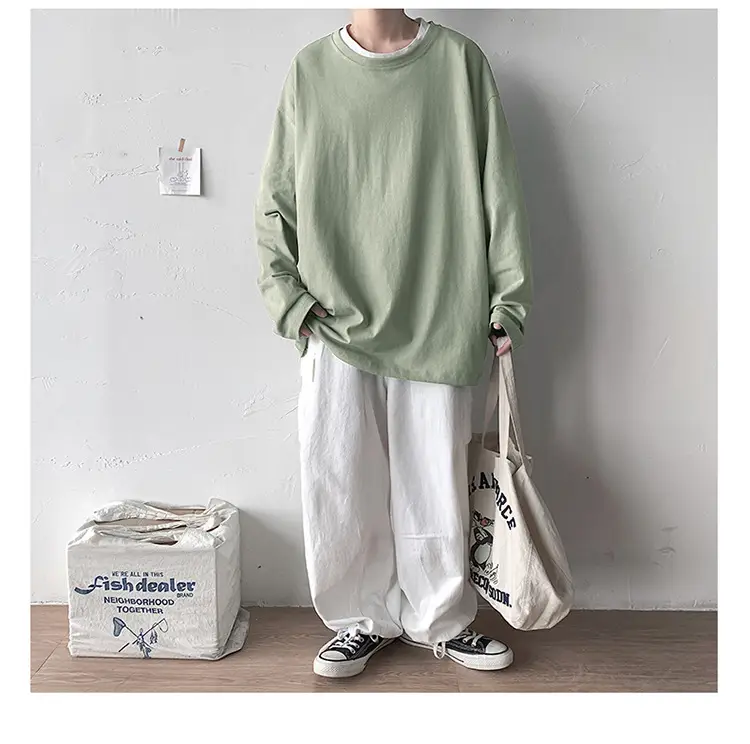 Men Long Sleeve T-Shirt Solid Teal Loose Fit — feature 46
