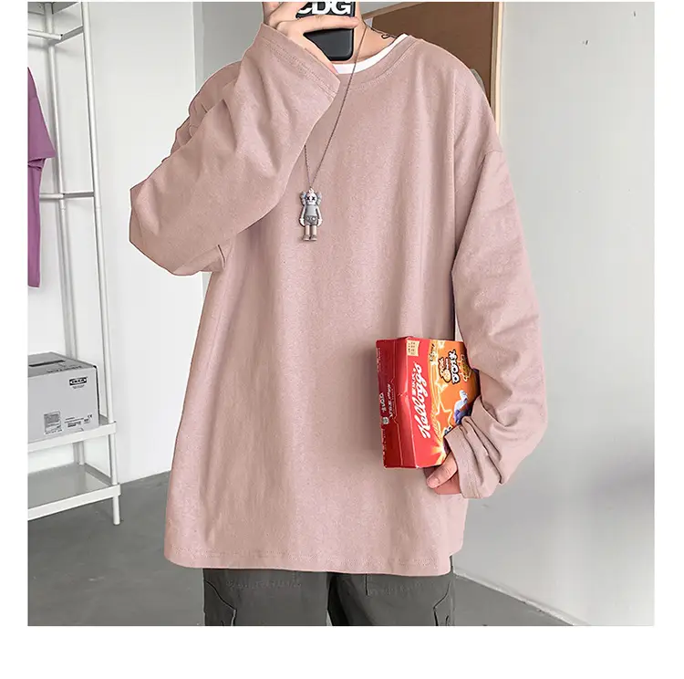 Men Long Sleeve T-Shirt Solid Teal Loose Fit — feature 48