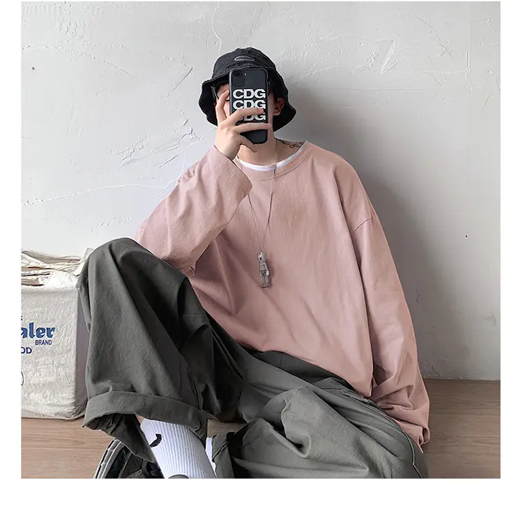 Men Long Sleeve T-Shirt Solid Teal Loose Fit — feature 50