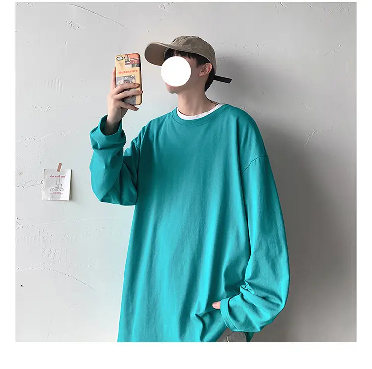 Men Long Sleeve T-Shirt Solid Teal Loose Fit — feature 7
