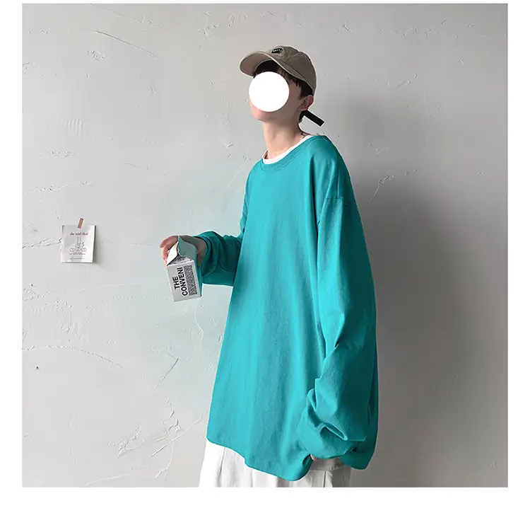 Men Long Sleeve T-Shirt Solid Teal Loose Fit — feature 8