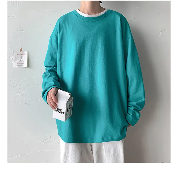 Men Long Sleeve T-Shirt Solid Teal Loose Fit — feature 9