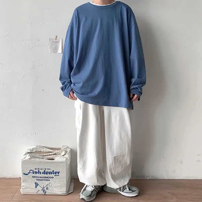 Men Long Sleeve T-Shirt Solid Teal Loose Fit - Image 5