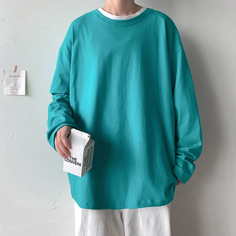 Men Long Sleeve T-Shirt Solid Teal Loose Fit - Image 6