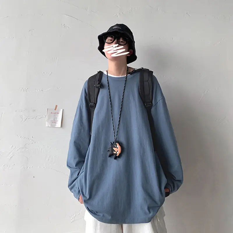 Men Long Sleeve T-Shirt Solid Teal Loose Fit - Image 7