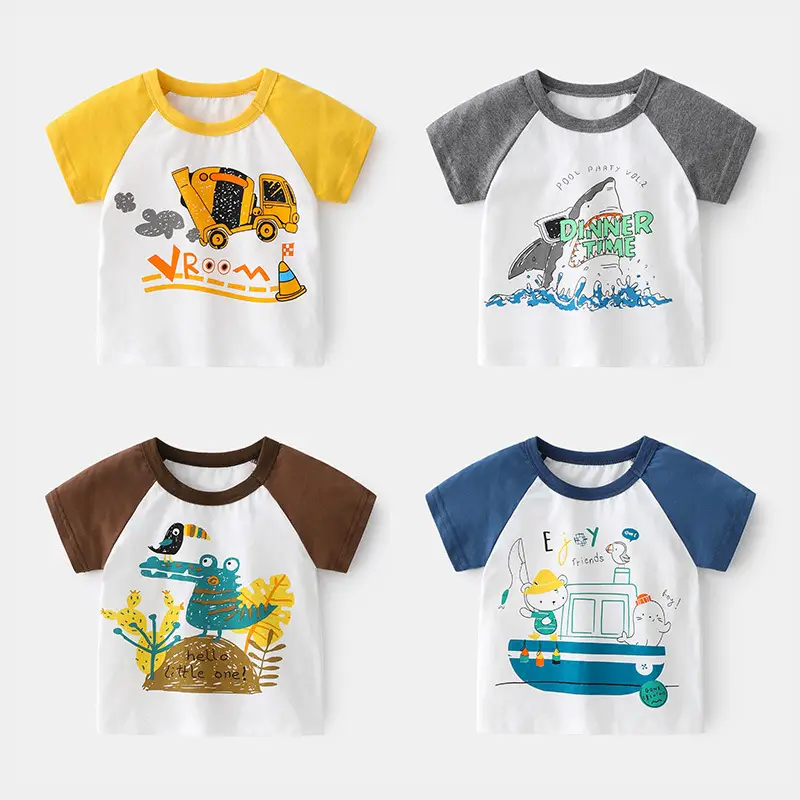 Cute Cartoon T-Shirt for Boys Blue White Short Sleeve