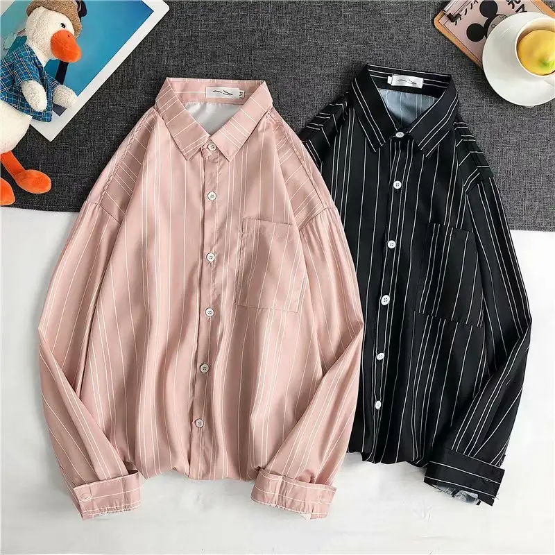 Men Long Sleeve Striped White Shirt with Pink Button Front - Image 5