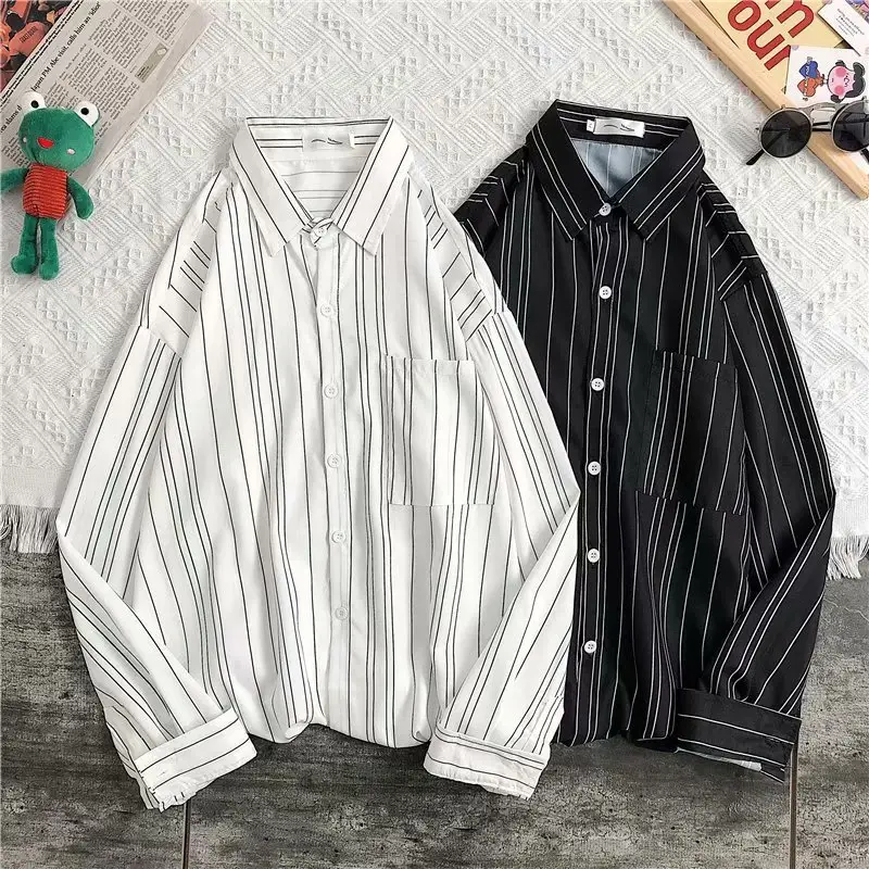 Men Long Sleeve Striped White Shirt with Pink Button Front - Image 6