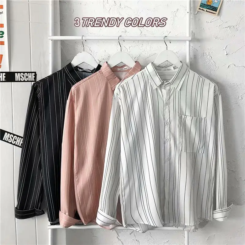 Men Long Sleeve Striped White Shirt with Pink Button Front - Image 7