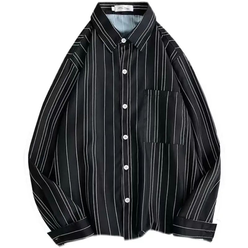 Men Long Sleeve Striped White Shirt with Pink Button Front - Image 8