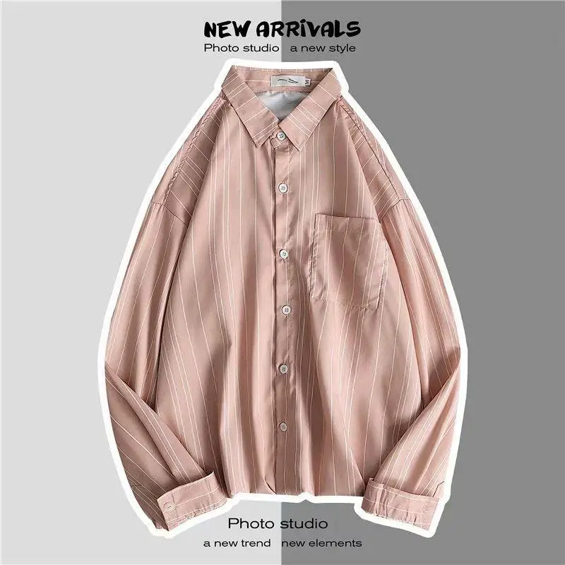 Men Long Sleeve Striped White Shirt with Pink Button Front - Image 2