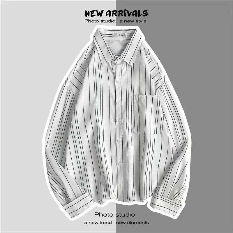 Men Long Sleeve Striped White Shirt with Pink Button Front - Image 3