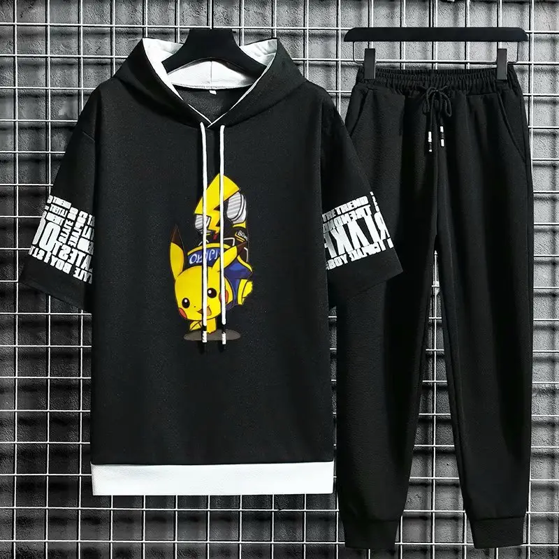 Men Black Graphic Hoodie Sweatpants Set Korean Style - Image 3