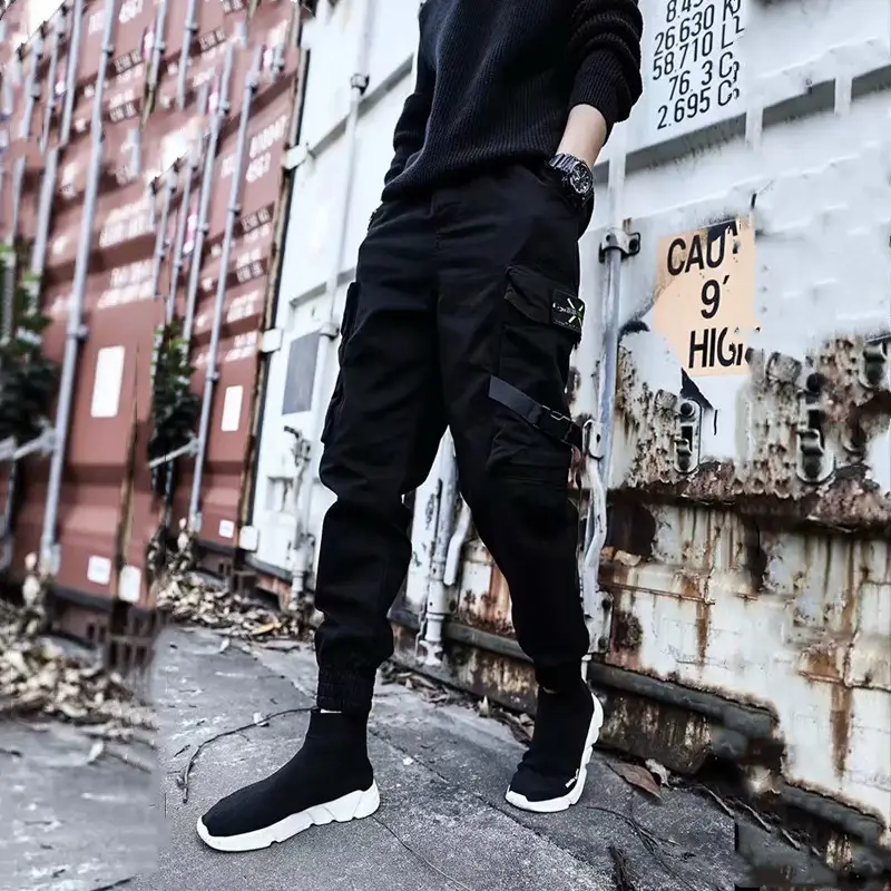 Men Black Cargo Pants with Multi-Pockets Straight Fit - Image 3