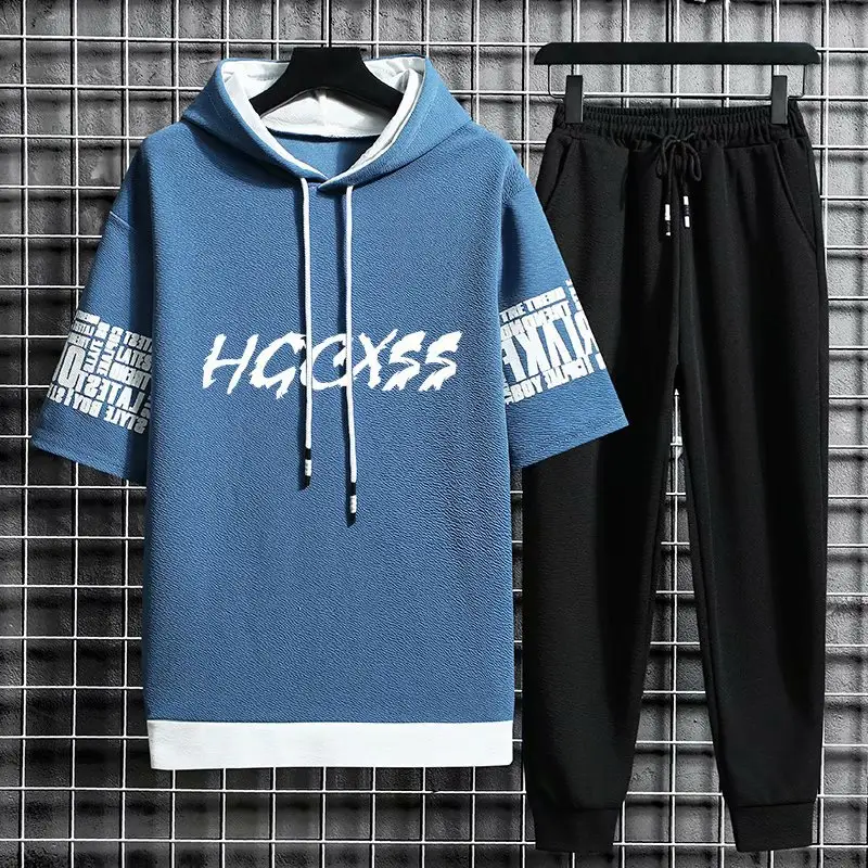 Men Hoodie Sweatpants Set Grey Black Ice Silk Trendy - Image 5