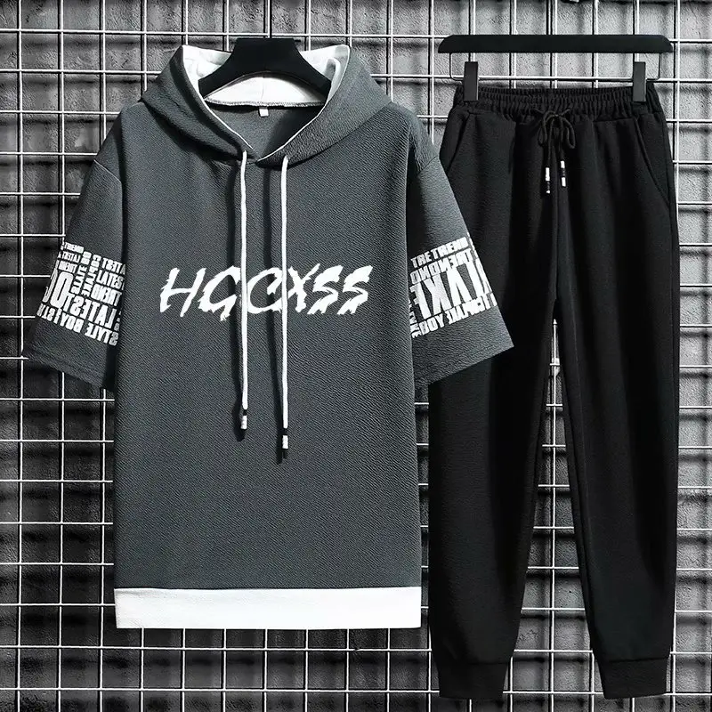 Men Hoodie Sweatpants Set Grey Black Ice Silk Trendy - Image 4