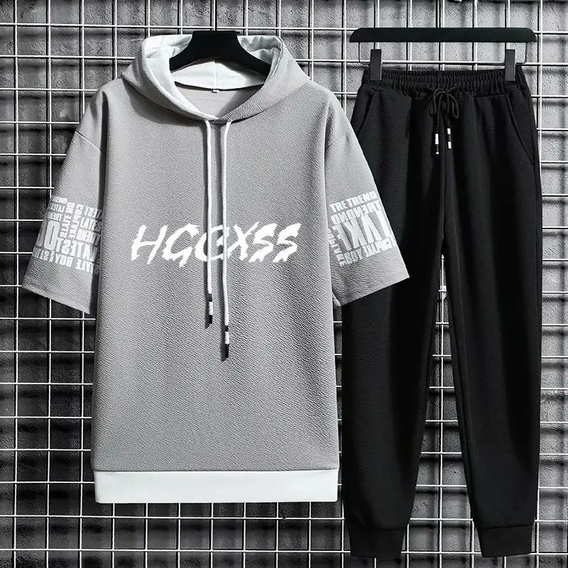 Men Hoodie Sweatpants Set Grey Black Ice Silk Trendy - Image 6