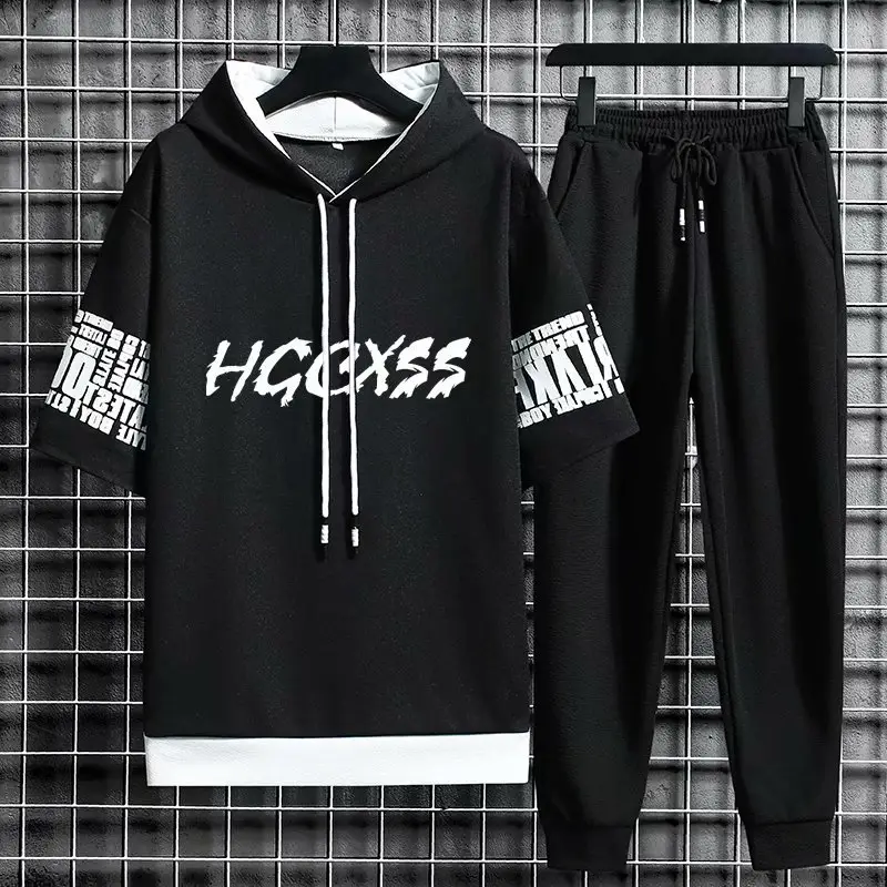Men Hoodie Sweatpants Set Grey Black Ice Silk Trendy - Image 3