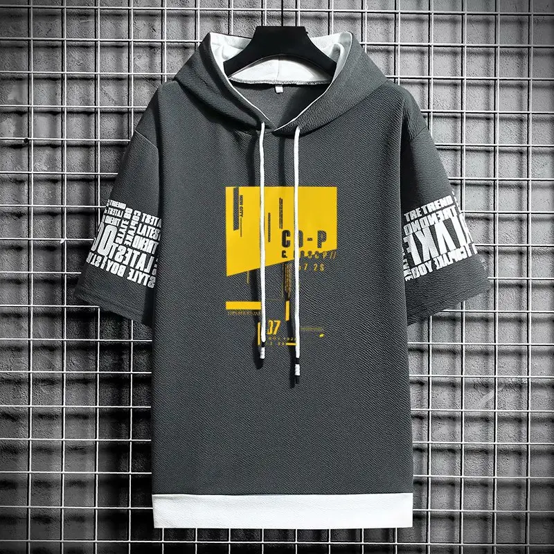 Men Grey Hooded T-Shirt with Graphic Print