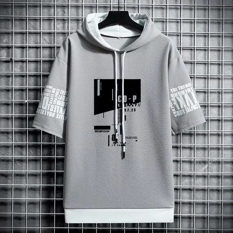 Men Grey Hooded T-Shirt with Graphic Print