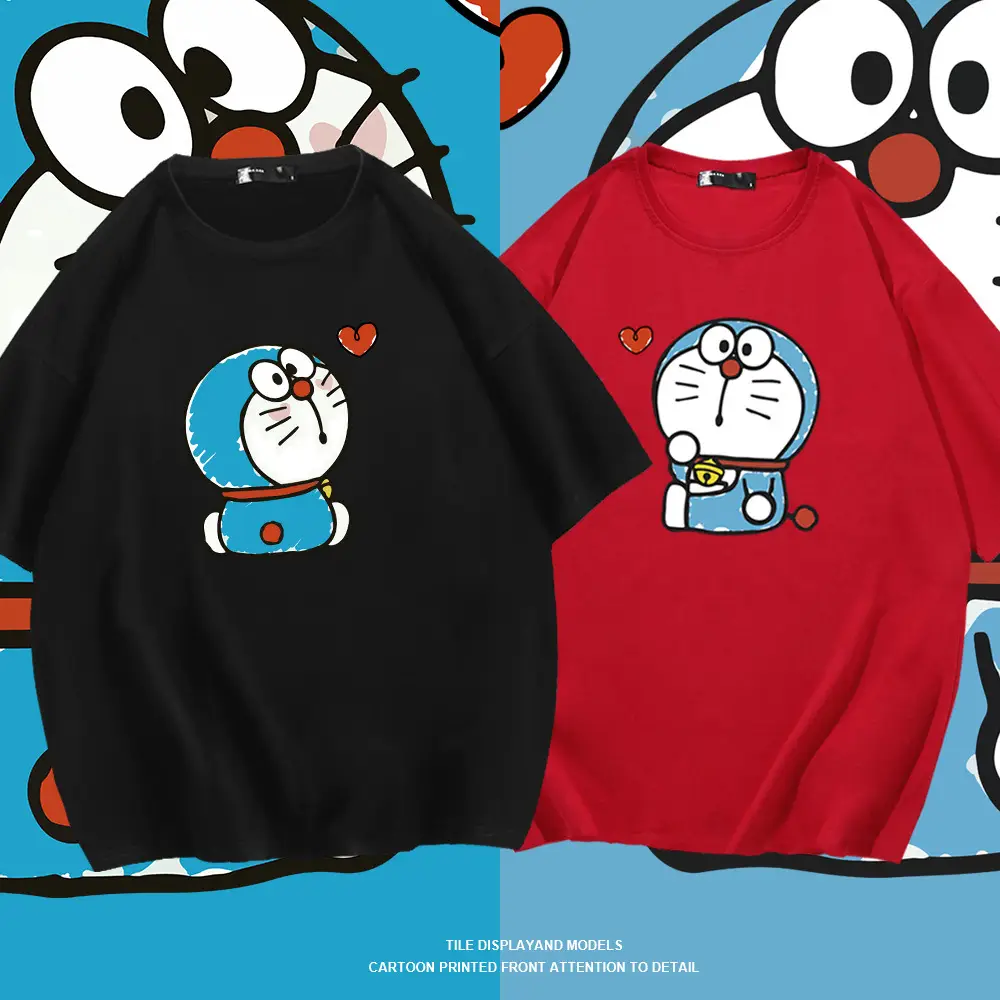 Red Doraemon Graphic Cotton T-Shirt for Men Women - Image 9