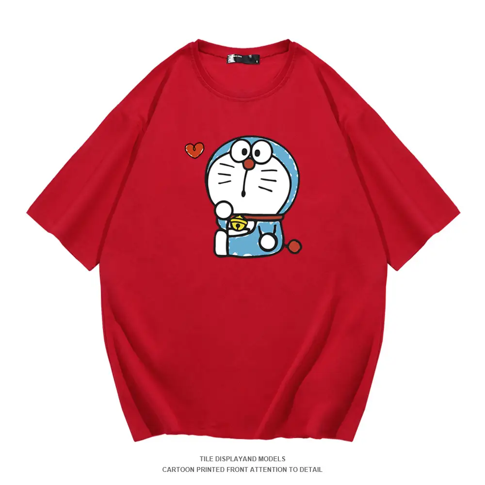 Red Doraemon Graphic Cotton T-Shirt for Men Women - Image 4