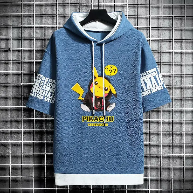 Pika-chan Graphic Hoodie Blue Half Sleeve Men