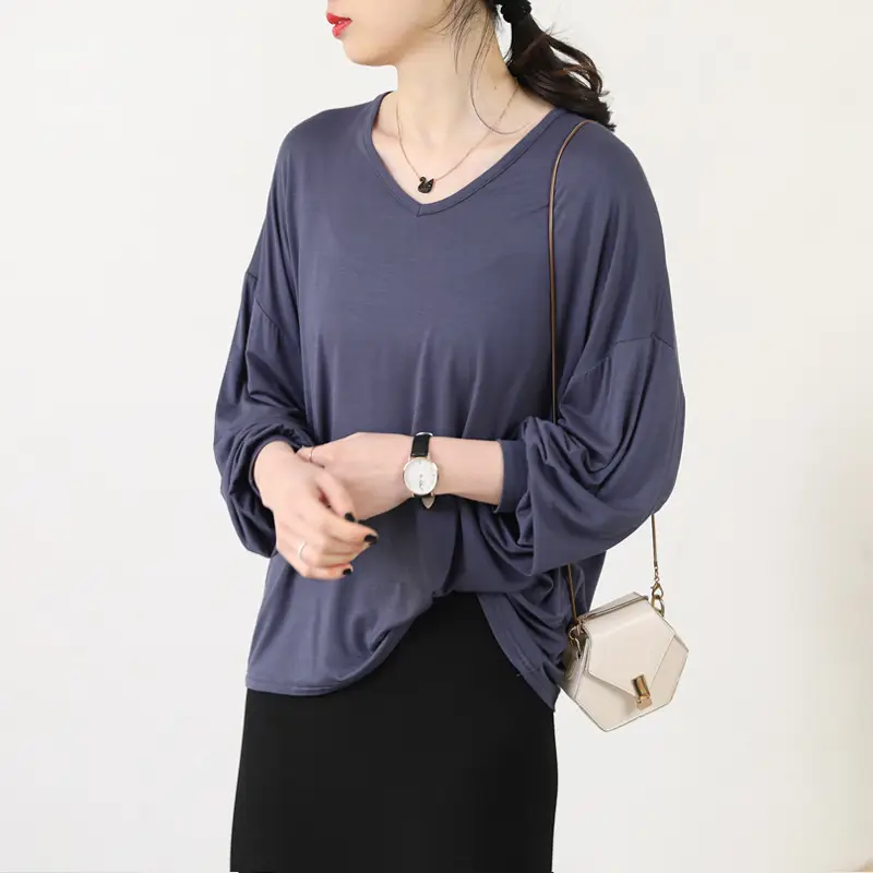 Women V-Neck Long Sleeve T-Shirt Purple — feature 12