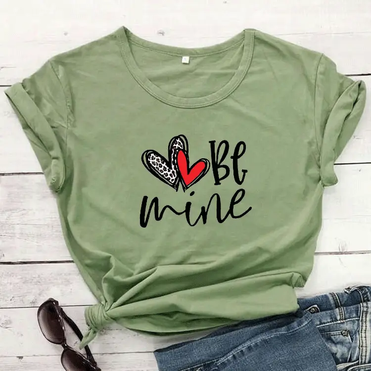 Valentine T-Shirt "Be Mine" Heart Print Grey Short Sleeve - Image 3