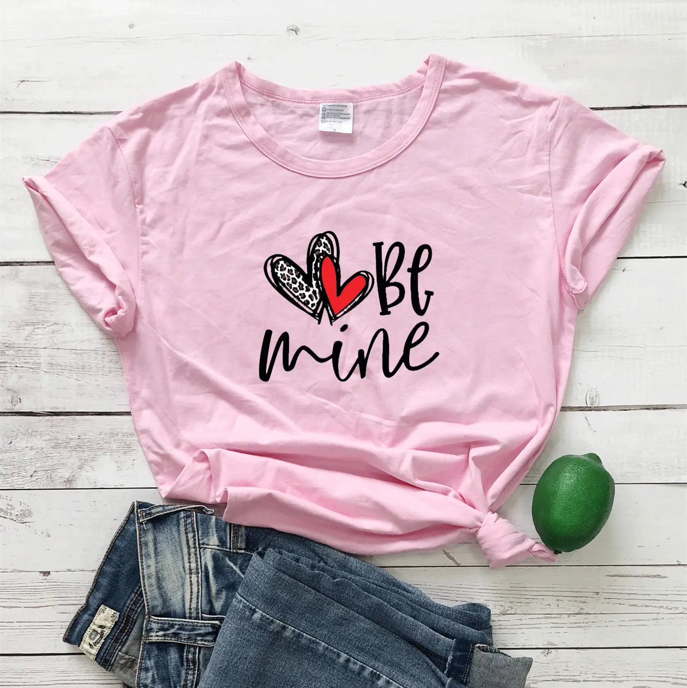 Valentine T-Shirt "Be Mine" Heart Print Grey Short Sleeve - Image 5