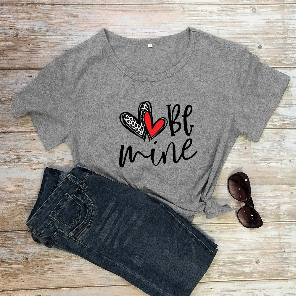 Valentine T-Shirt "Be Mine" Heart Print Grey Short Sleeve - Image 7