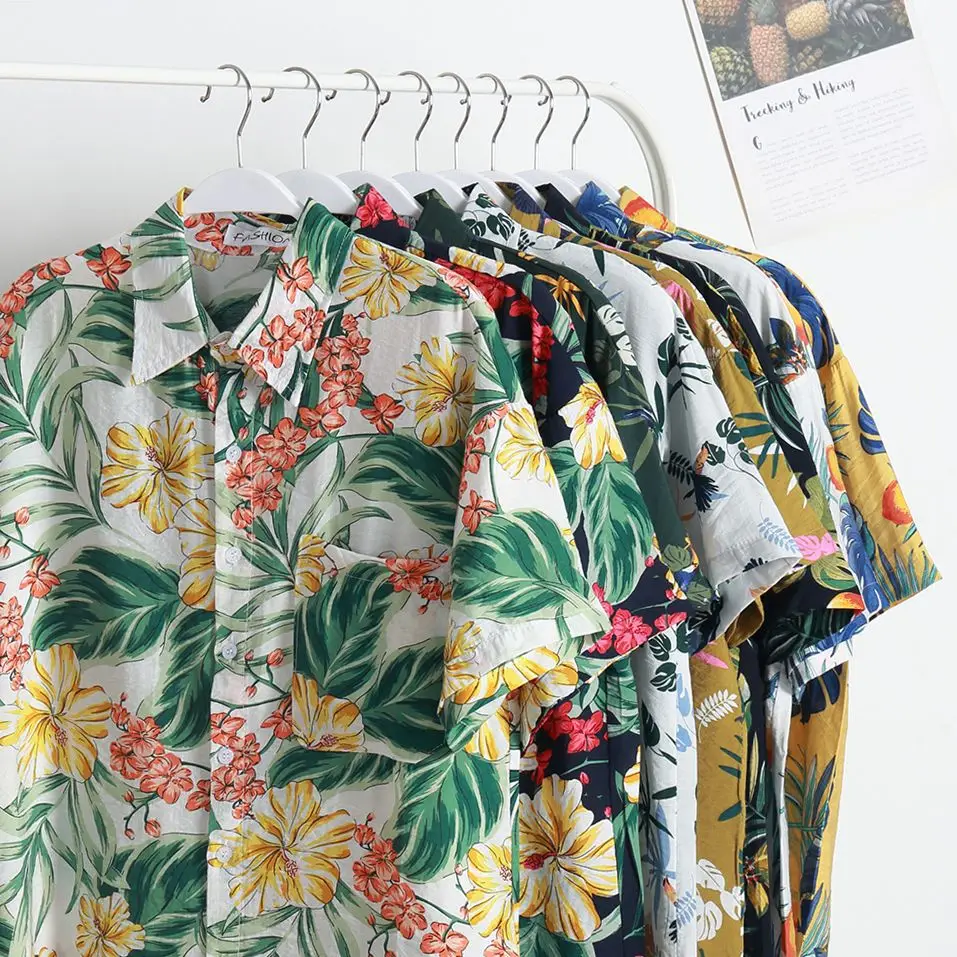 Men's Digital Print Floral Shirt White Short Sleeve - Image 41