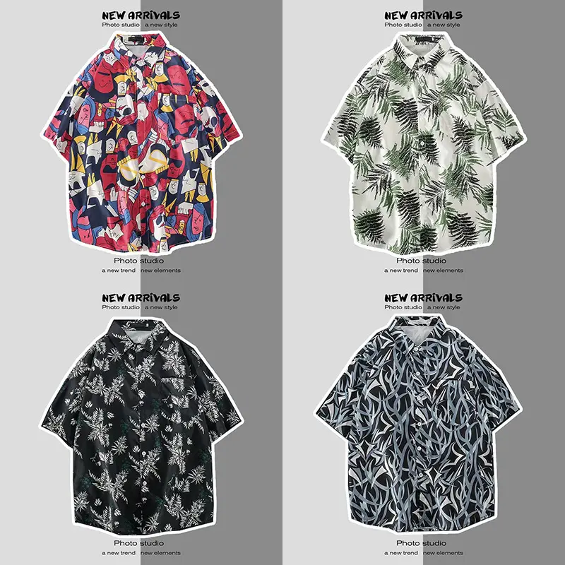 Men's Digital Print Floral Shirt White Short Sleeve - Image 42