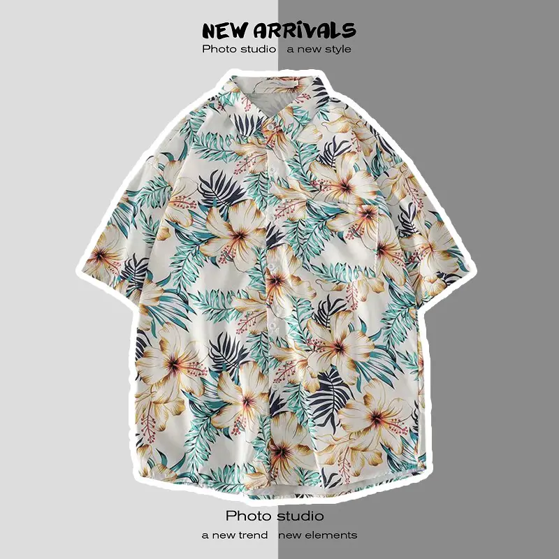 Men's Digital Print Floral Shirt White Short Sleeve — feature 22