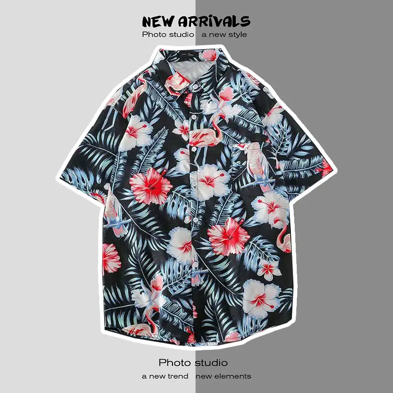 Men's Digital Print Floral Shirt White Short Sleeve - Image 2