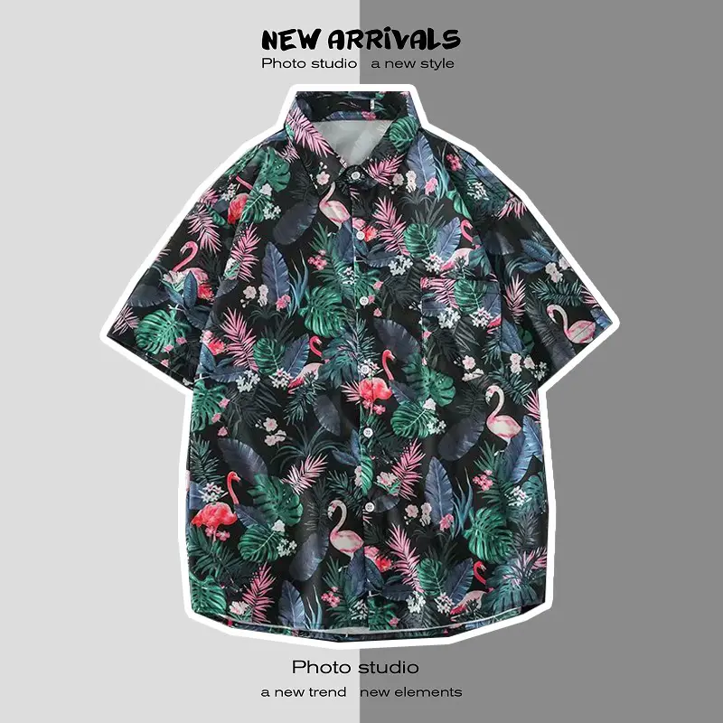 Men's Digital Print Floral Shirt White Short Sleeve - Image 31