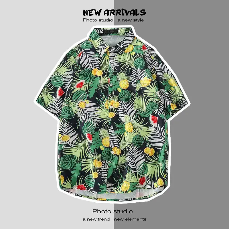 Men's Digital Print Floral Shirt White Short Sleeve - Image 35