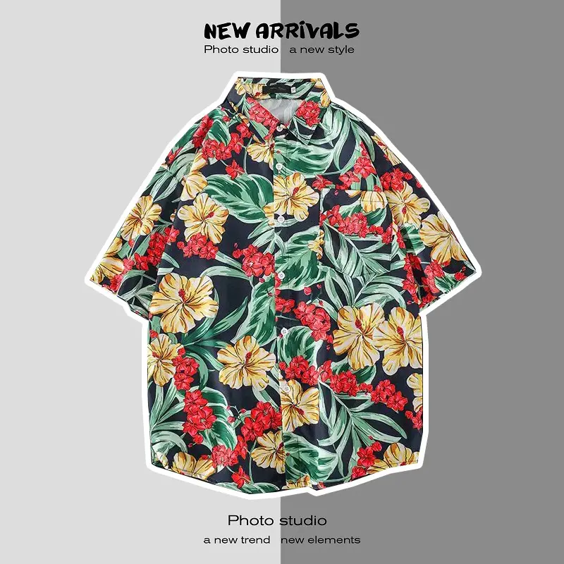 Men's Digital Print Floral Shirt White Short Sleeve - Image 5