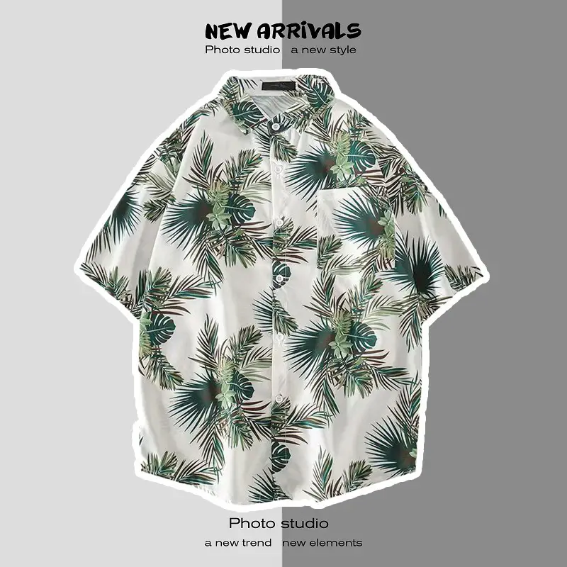 Men's Digital Print Floral Shirt White Short Sleeve - Image 6
