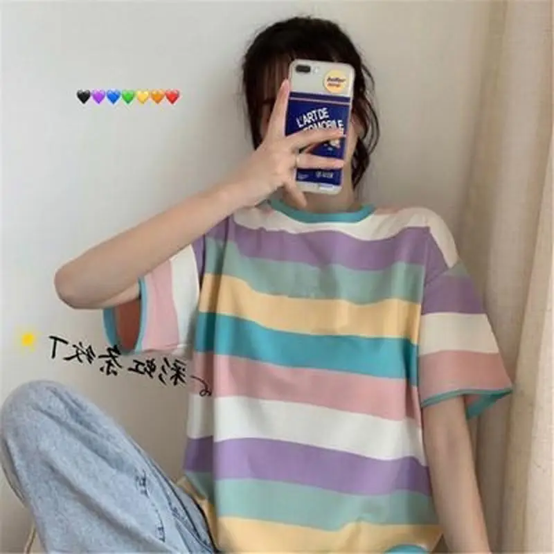2021 Rainbow Striped Women's T-Shirt Loose Fit Casual Wear - Image 4