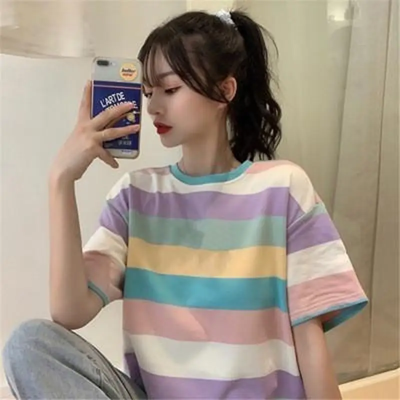 2021 Rainbow Striped Women's T-Shirt Loose Fit Casual Wear - Image 5