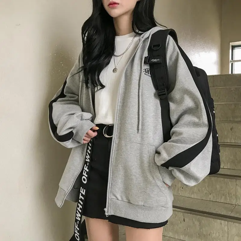 Women Velvet Hooded Sweatshirt Jacket Grey Black Zipper Winter Style - Image 4