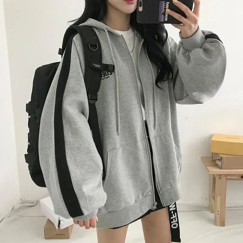 Women Velvet Hooded Sweatshirt Jacket Grey Black Zipper Winter Style - Image 5