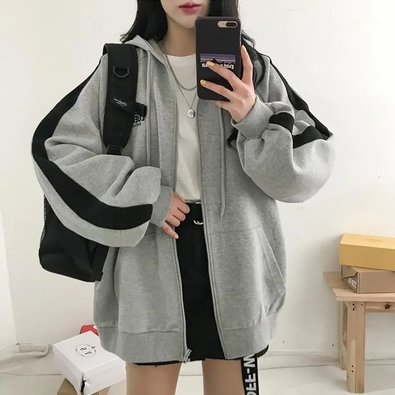 Women Velvet Hooded Sweatshirt Jacket Grey Black Zipper Winter Style - Image 6