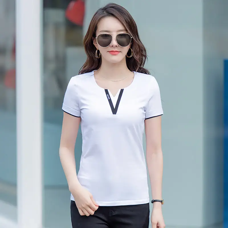 Black V-Neck T-Shirt Women Cotton 6912 - Image 6