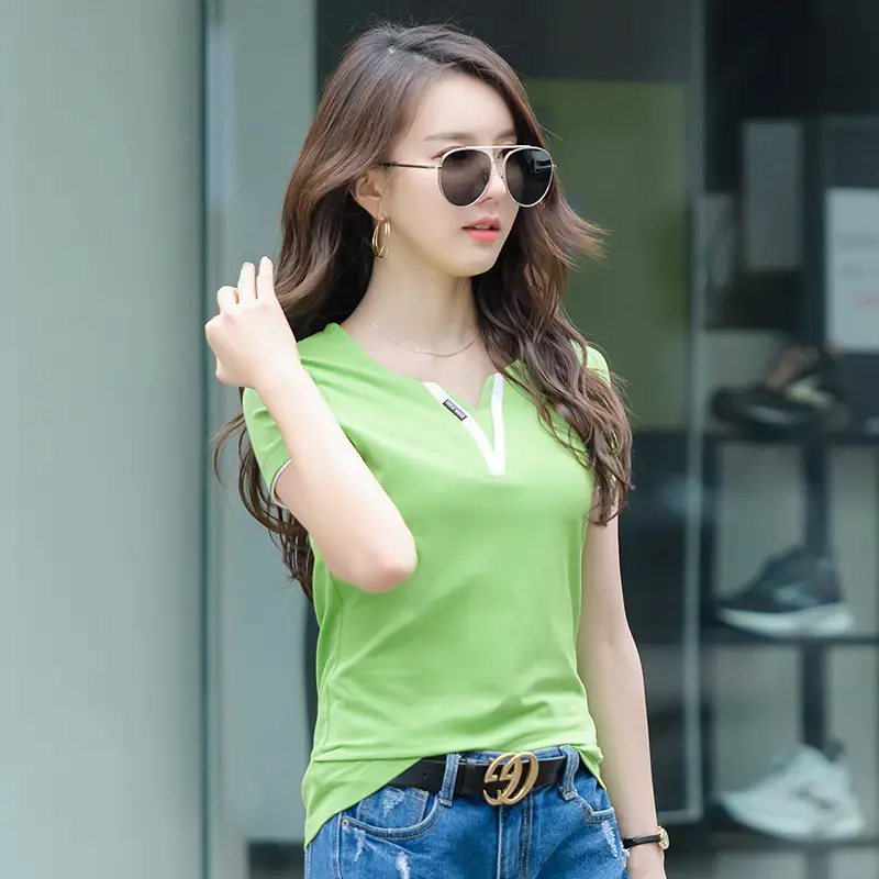 Black V-Neck T-Shirt Women Cotton 6912 - Image 7