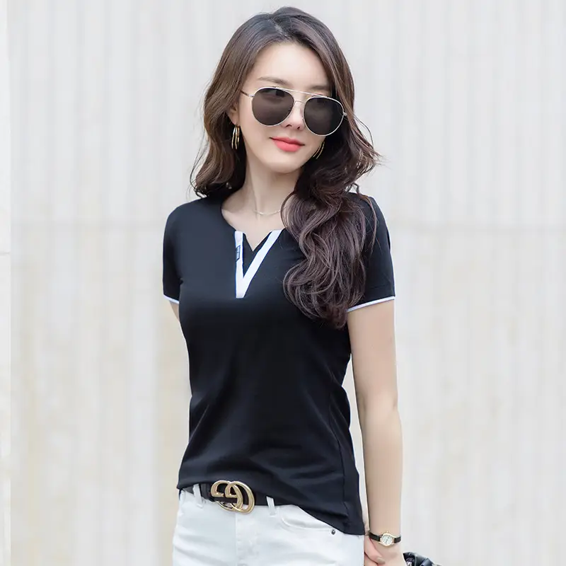 Black V-Neck T-Shirt Women Cotton 6912 - Image 8