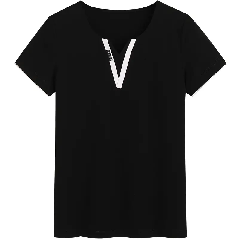 Black V-Neck T-Shirt Women Cotton 6912 - Image 9