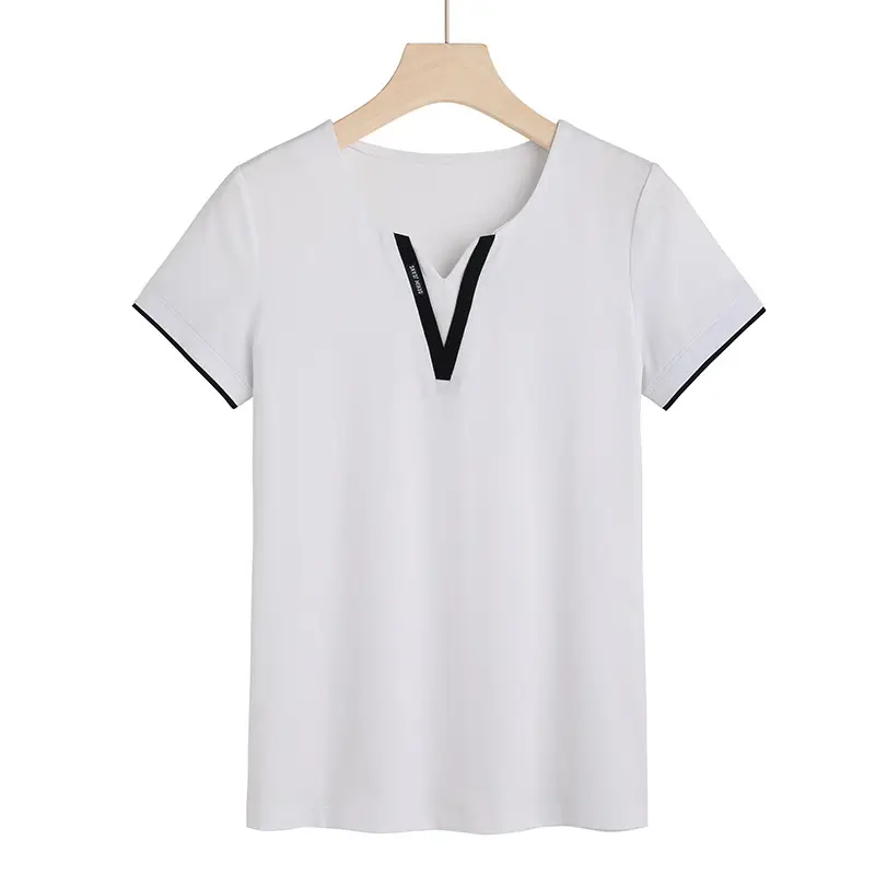 Black V-Neck T-Shirt Women Cotton 6912 - Image 4