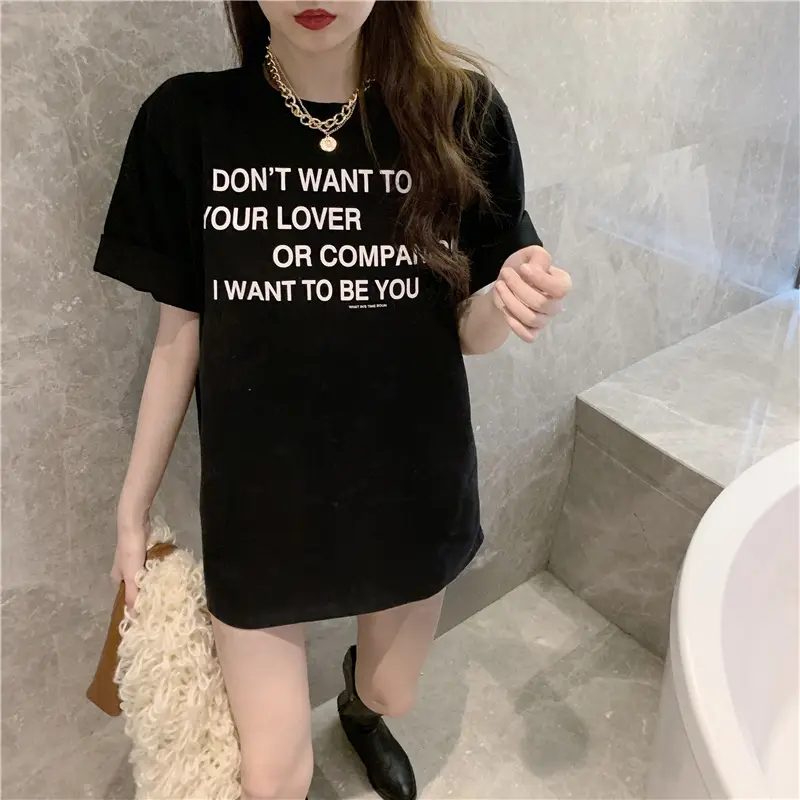 Women White Letter Short Sleeve T-Shirt Mid Length - Image 10